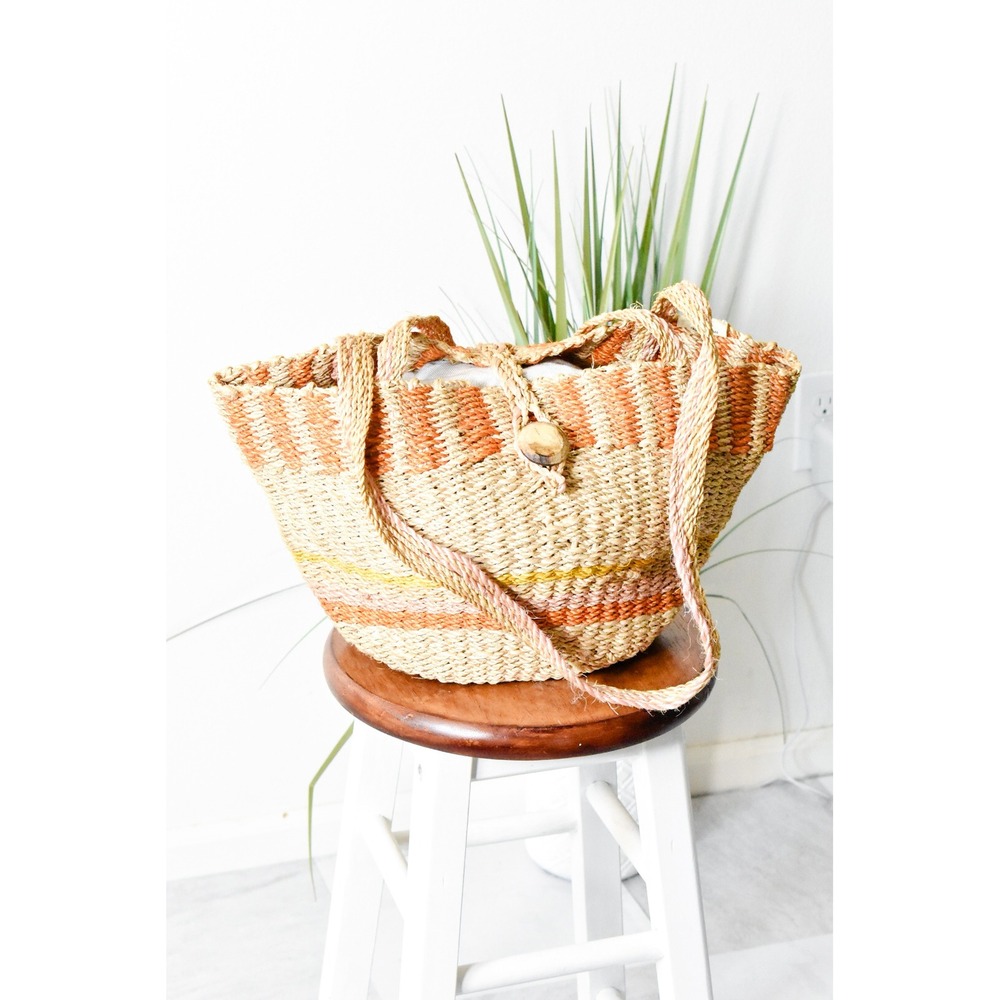 Woven Straw Tote Bag Women Large Orange Beige Boho Beach Philippines